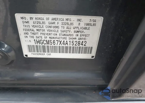 2004 Honda Accord 2.4 Ex из США, поврежденный, VIN 1HGCM567X4A152842